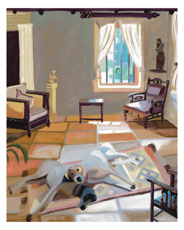 An impressionistic painting of a sunlit interior room with two dogs lying on a patterned rug in the foreground, along with chairs, a window with cream drapes, and warm terracotta and beige flooring.