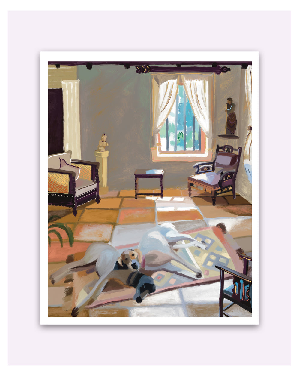 Colorful interior scene with furniture and a dog on a rug