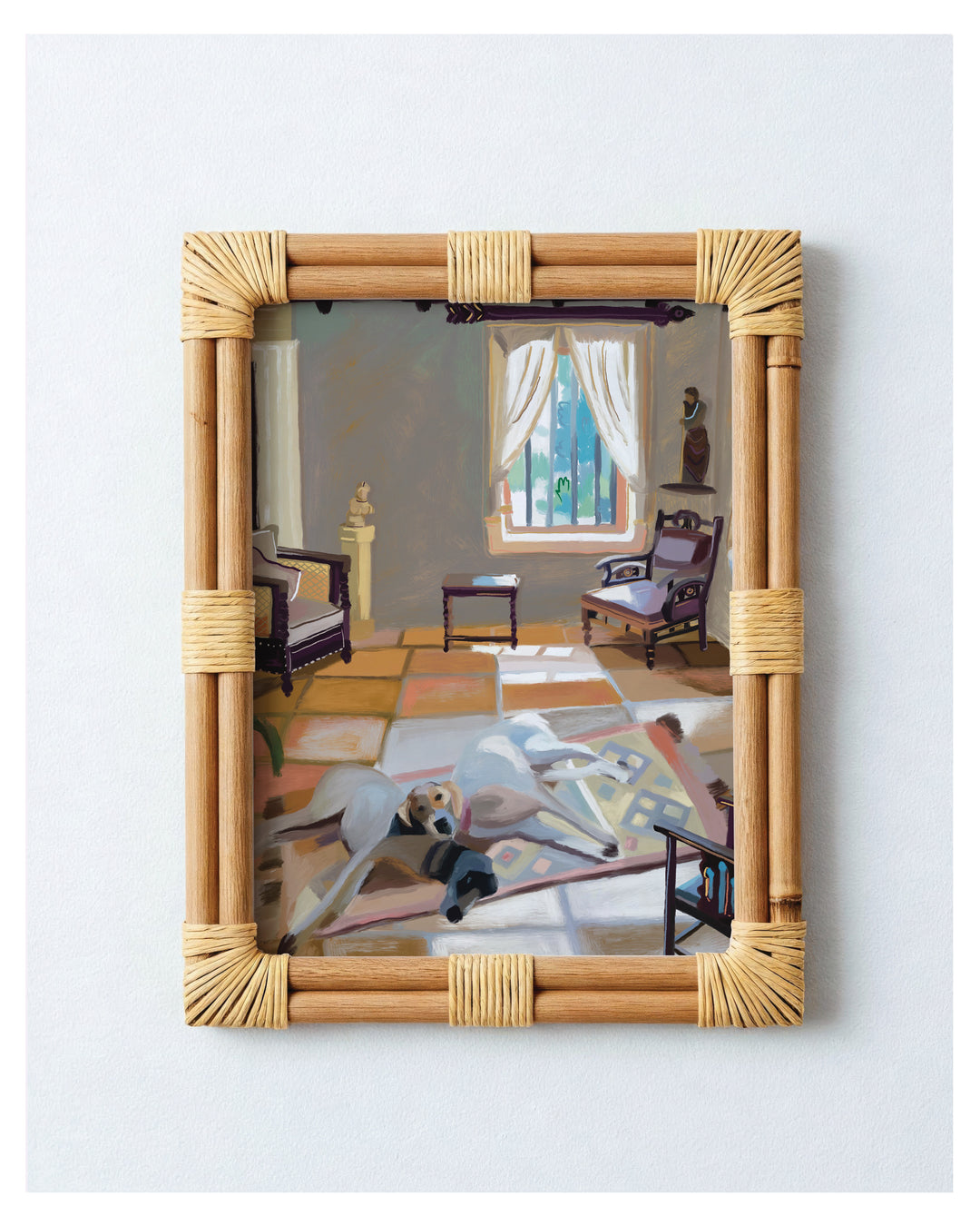 A framed art print featuring a Cubist-style painting of a room with chairs, a window, and a figure on the floor, enclosed in a light natural wood frame with wrapped corners, shown against a plain light gray background.