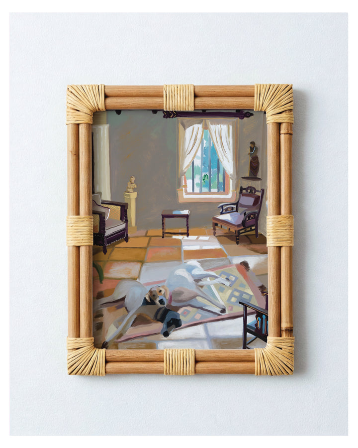 A framed art print featuring a Cubist-style painting of a room with chairs, a window, and a figure on the floor, enclosed in a light natural wood frame with wrapped corners, shown against a plain light gray background.