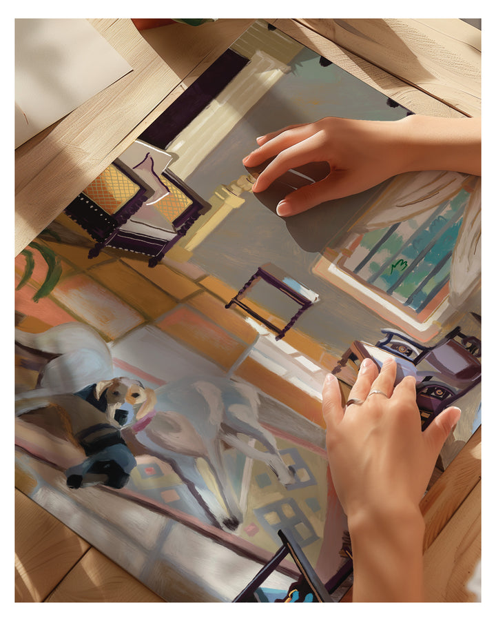 A person's hands are shown interacting with a large, detailed illustrated puzzle or game board depicting a cozy living room scene with a dog.