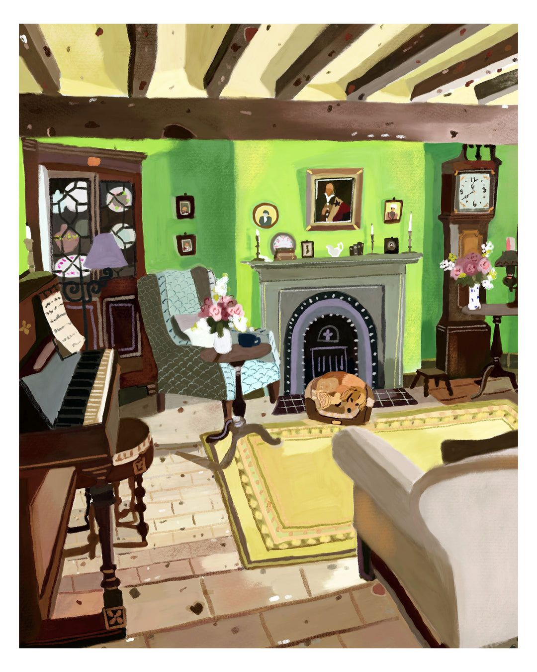 Illustration of a cozy living room with green walls, a fireplace, and various pieces of furniture.