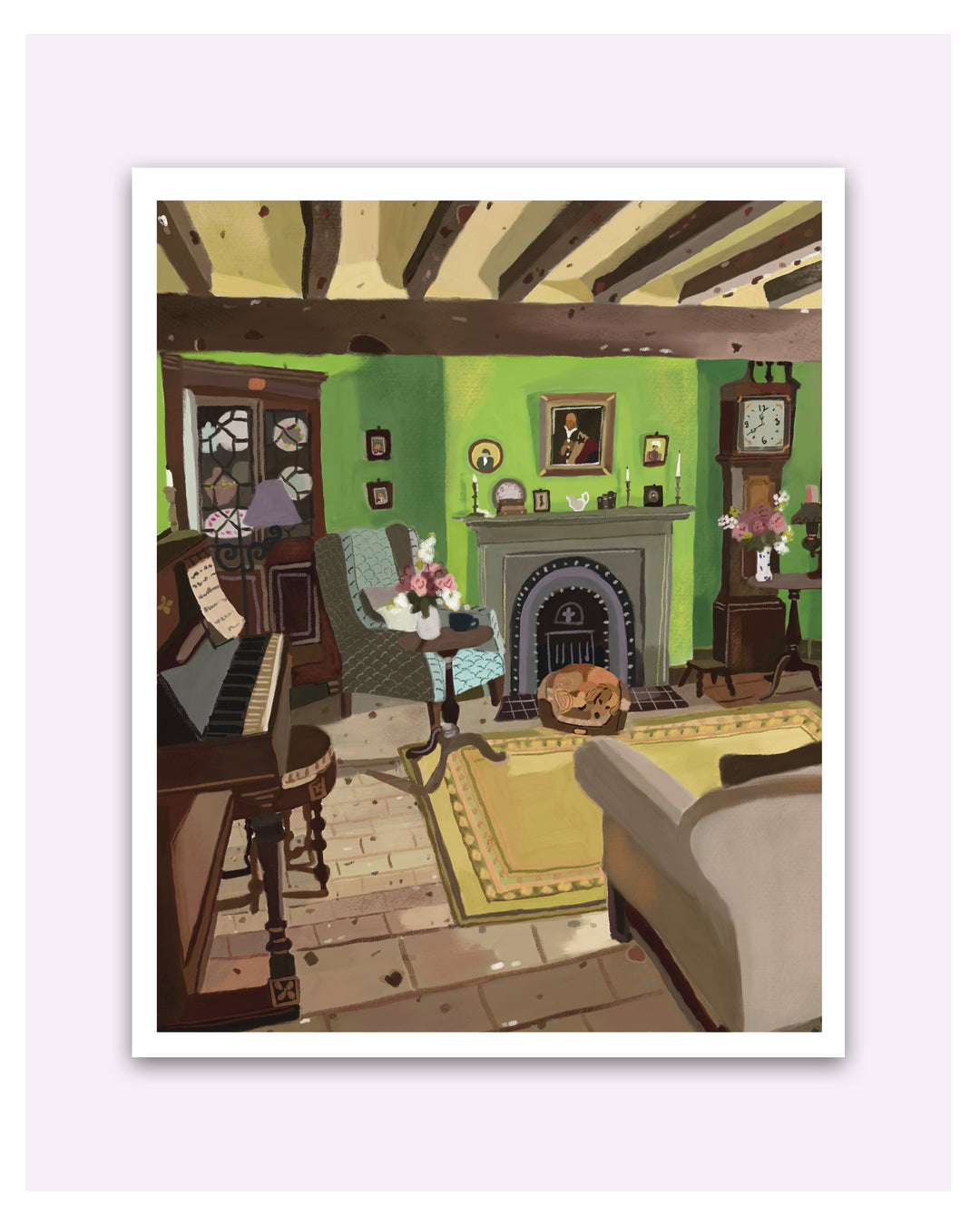 Illustration of a cozy living room with a piano, armchair, and fireplace.