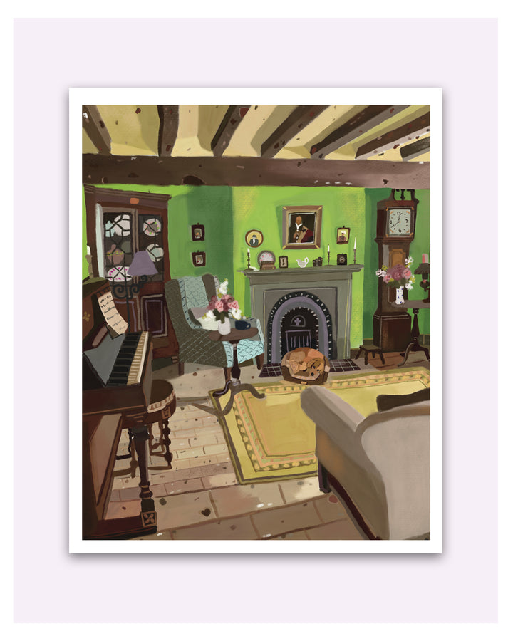 Illustration of a cozy living room with a piano, armchair, and fireplace.