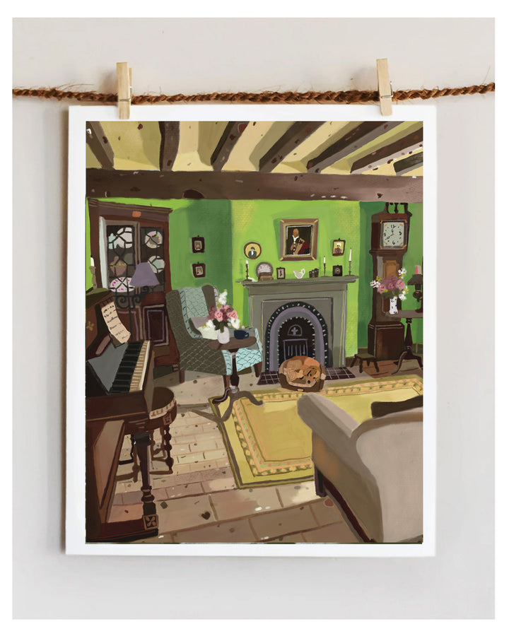 Illustration of a cozy living room with green walls, a fireplace, and various pieces of furniture.