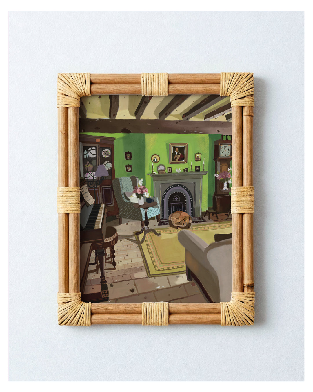 Framed artwork of a room with a green wall and piano on a light blue background