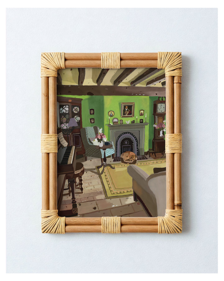 Framed artwork of a room with a green wall and piano on a light blue background
