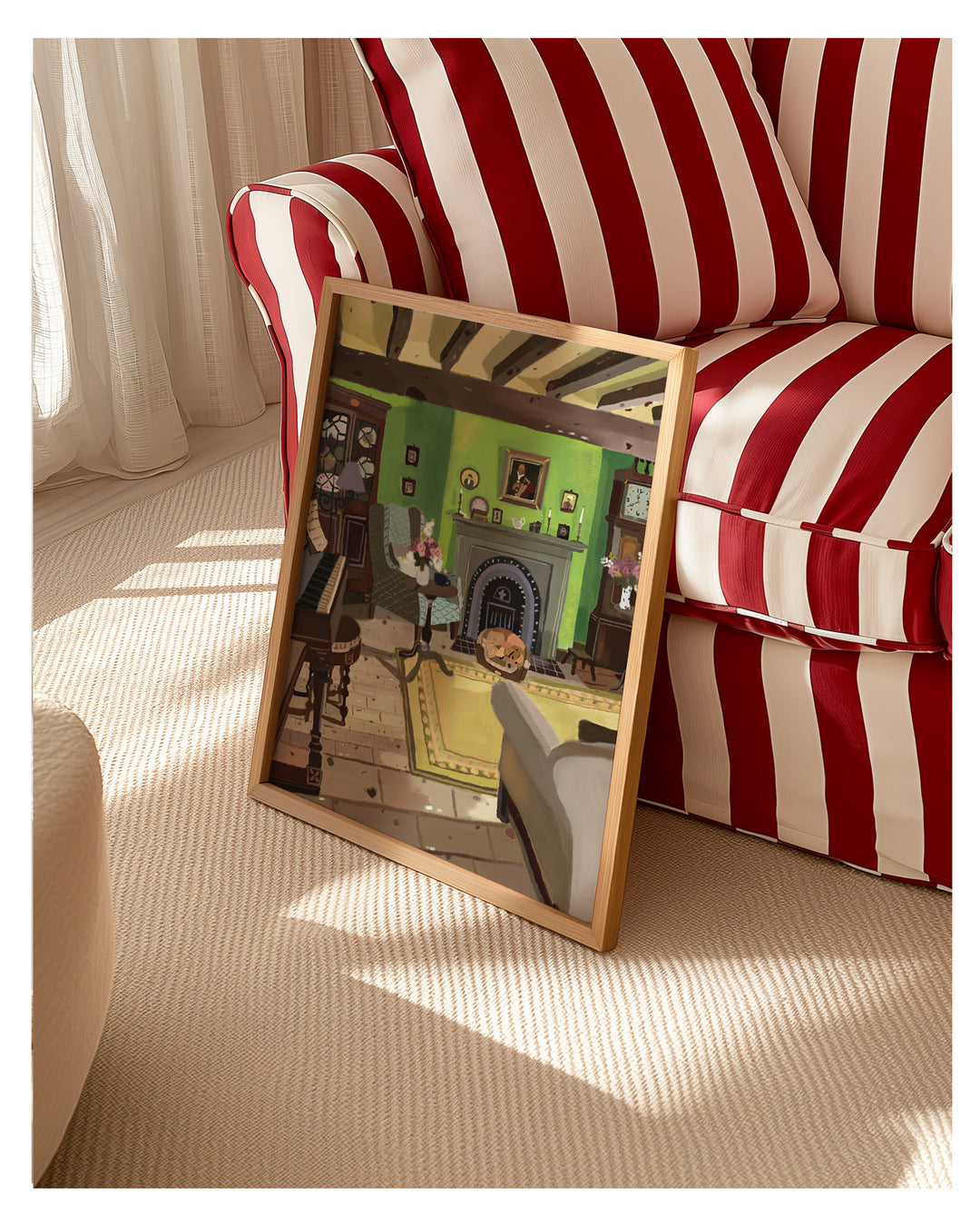 Framed artwork on a beige carpet with a red and white striped chair in the background