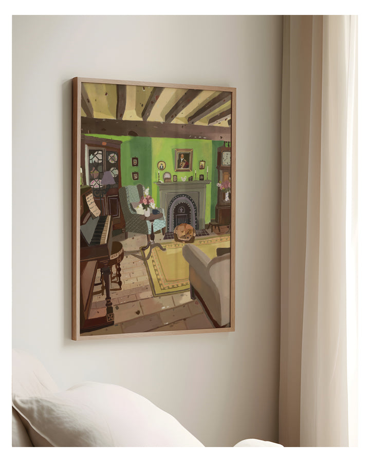 Framed artwork of a room scene on a wall