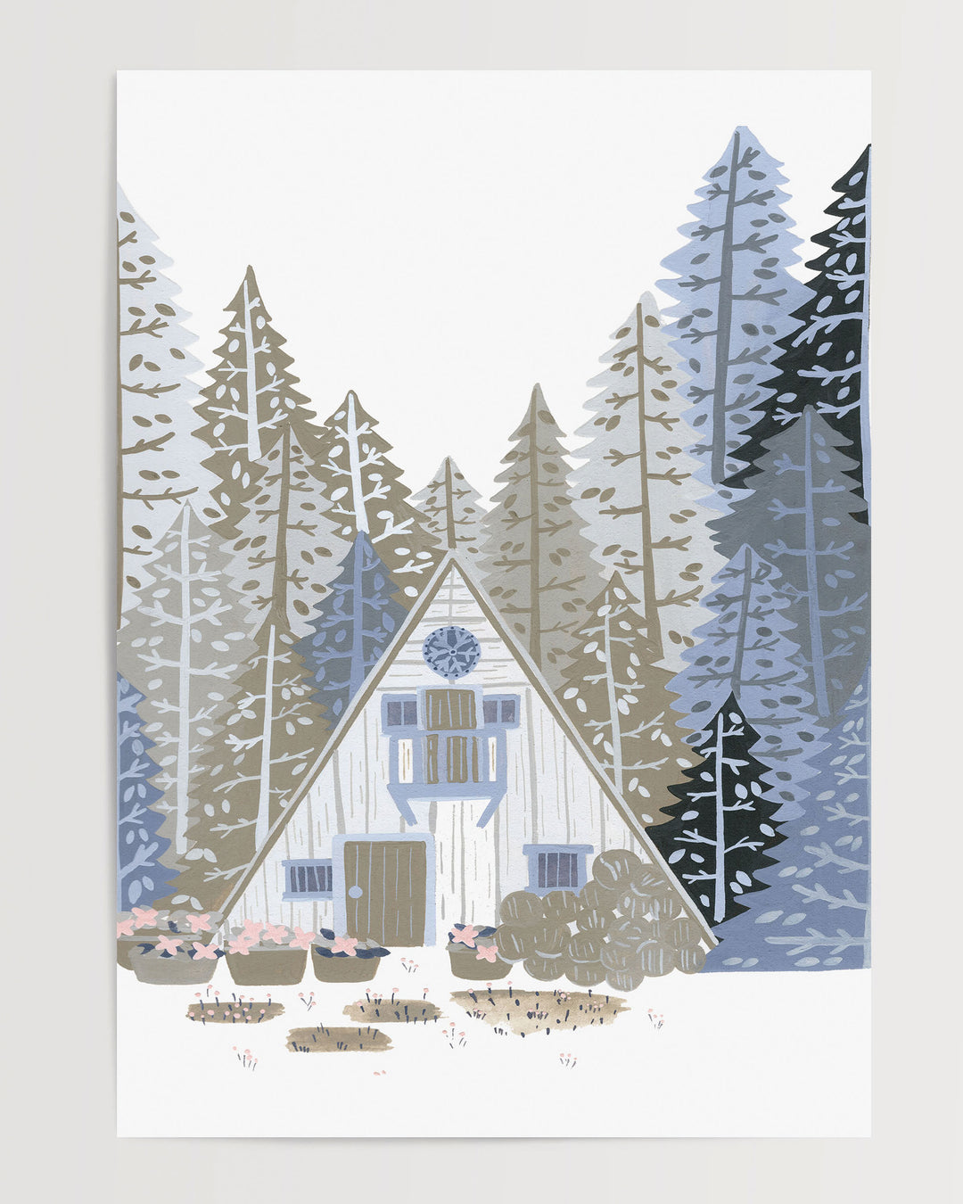 An 'Alpine Retreat' Art Print, featuring a charming A-frame cabin nestled among towering pines, created by little Berries Studio.