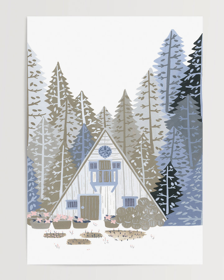 An 'Alpine Retreat' Art Print, featuring a charming A-frame cabin nestled among towering pines, created by little Berries Studio.