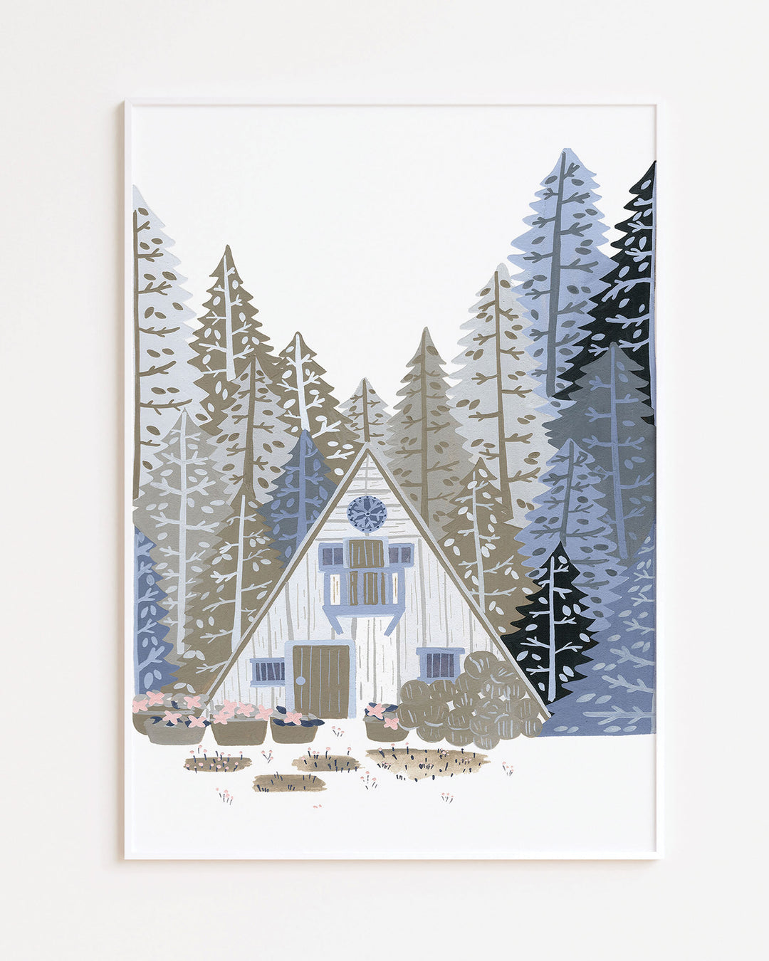 White Framed Artwork titled 'Alpine Retreat', featuring a charming A-frame cabin nestled among towering pines, created by little Berries Studio.