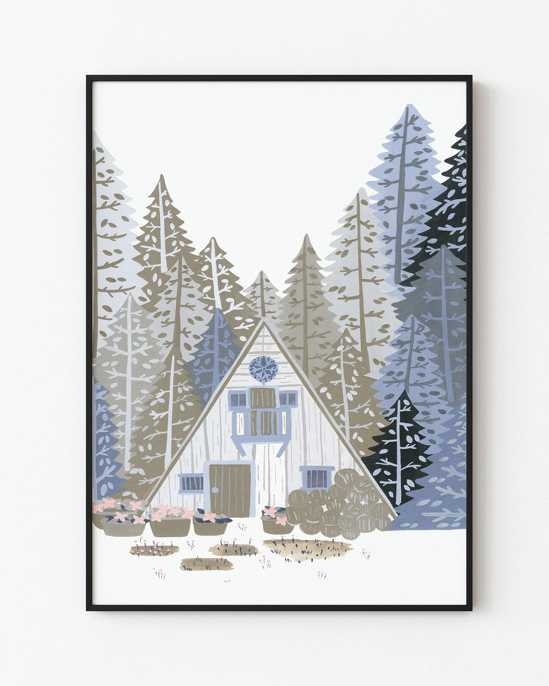Black Framed Artwork titled 'Alpine Retreat', featuring a charming A-frame cabin nestled among towering pines, created by little Berries Studio.