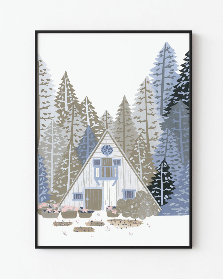 Black Framed Artwork titled 'Alpine Retreat', featuring a charming A-frame cabin nestled among towering pines, created by little Berries Studio.