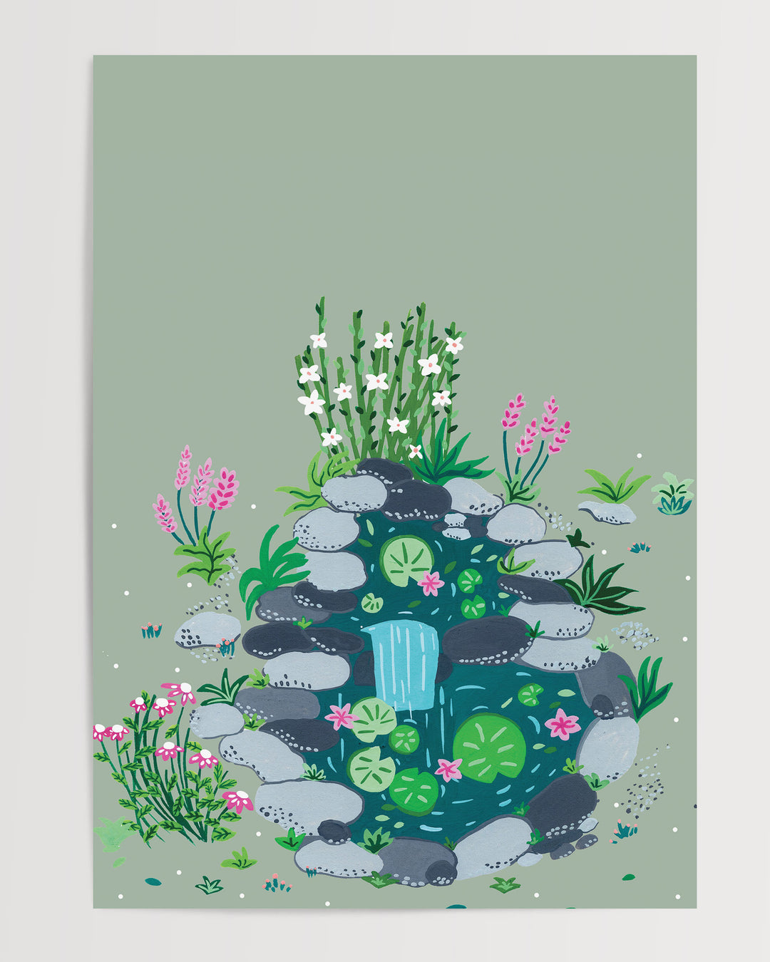 Illustration of a small, tranquil pond surrounded by smooth stones, blooming flowers and lush greenery by Little Berries Studio.