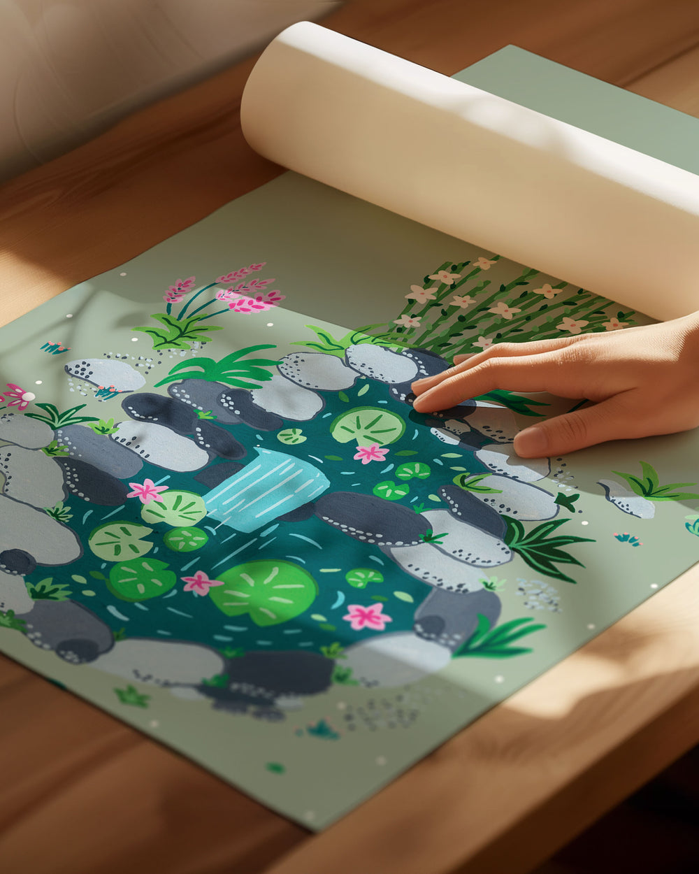 Archival Art Print of a small, tranquil pond surrounded by smooth stones, blooming flowers and lush greenery by Little Berries Studio.