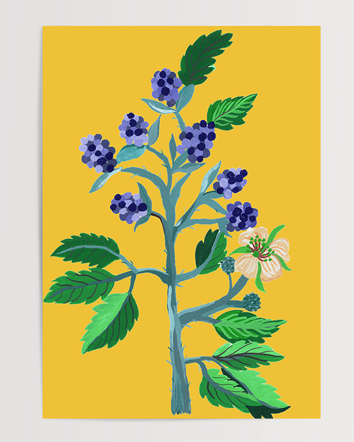 Decorative Art Print from Little Berries Studio with a botanical illustration of blue berries and green foliage on a bright yellow background.