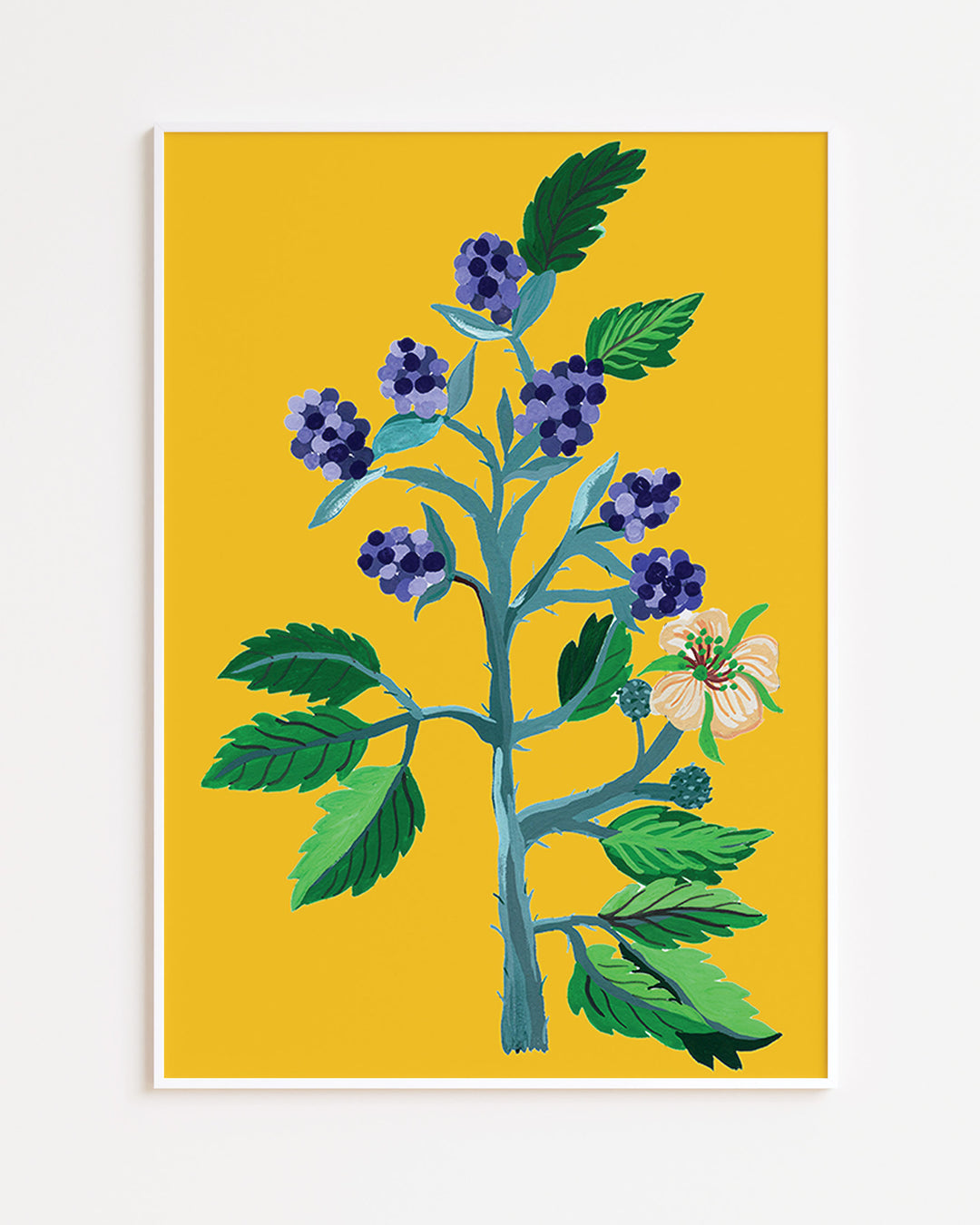 Decorative White Framed Artwork from Little Berries Studio with a botanical illustration of blue berries and green foliage on a bright yellow background.