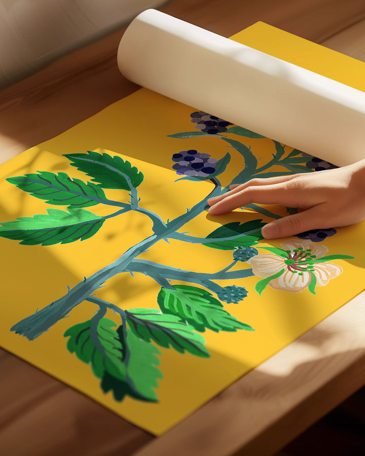 Decorative Archival Art Print from Little Berries Studio with a botanical illustration of blue berries and green foliage on a bright yellow background.