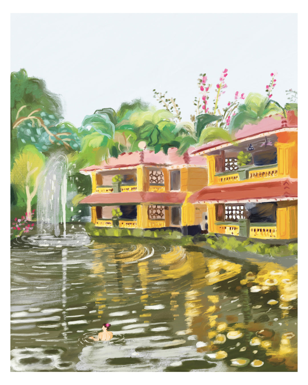 A colorful painted scene of a pond with a fountain, yellow buildings with red roofs, green trees, and reflections in the water.