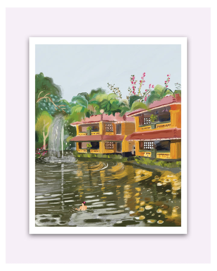 Illustration of a yellow building with a red roof by a pond with a fountain, surrounded by greenery from Bhubaneswar.
