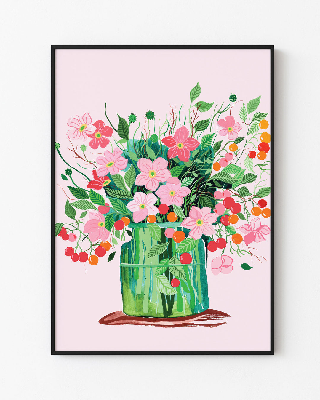 Black Framed Artwork by Little Berries Studio featuring a lush bouquet of pink flowers and green leaves in a green vase, set against a soft pink background.