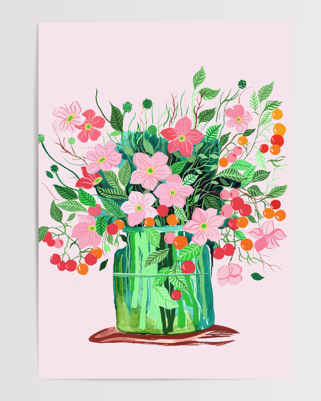 Art Print by Little Berries Studio featuring a lush bouquet of pink flowers and green leaves in a green vase, set against a soft pink background.