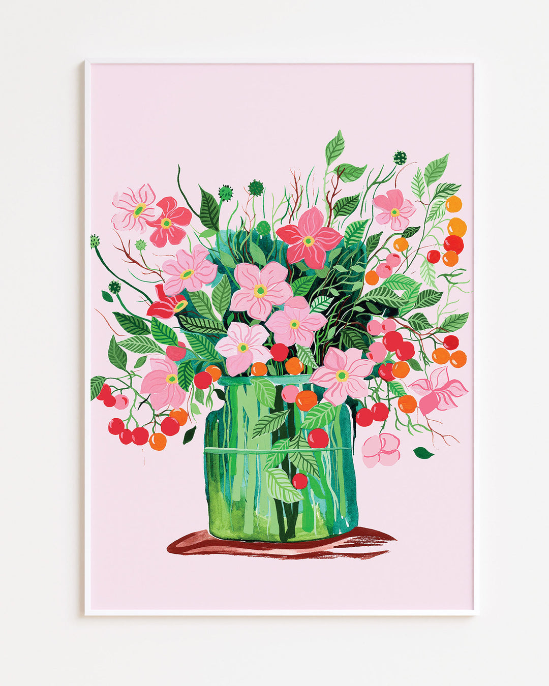 White Framed Artwork by Little Berries Studio featuring a lush bouquet of pink flowers and green leaves in a green vase, set against a soft pink background.
