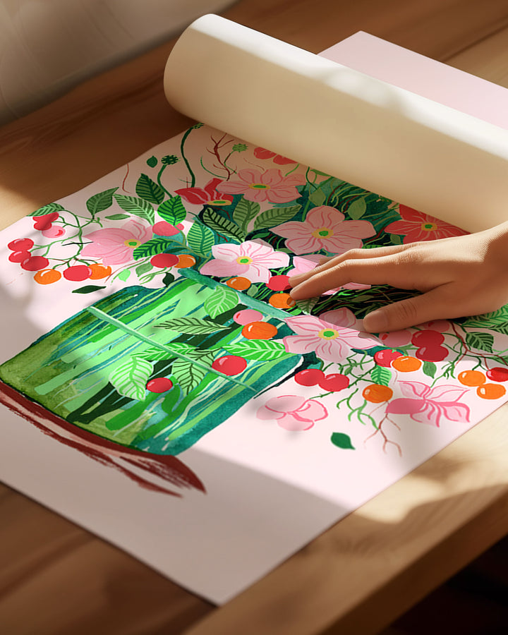 An Archival Art Print by Little Berries Studio featuring a lush bouquet of pink flowers and green leaves in a green vase, set against a soft pink background.