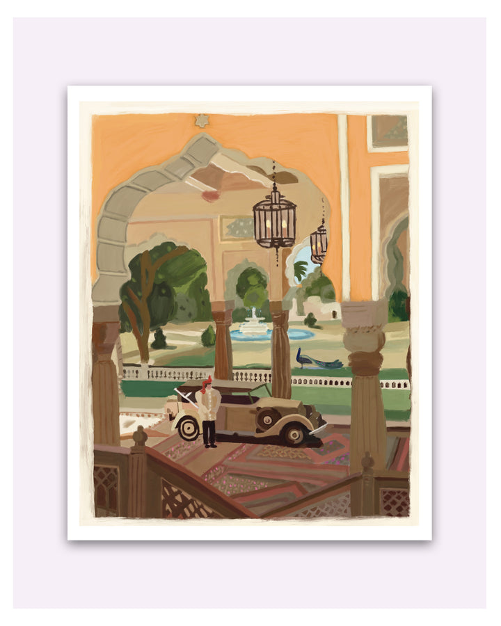 Illustration of a vintage car in a courtyard of Jaipur with arches and a fountain.