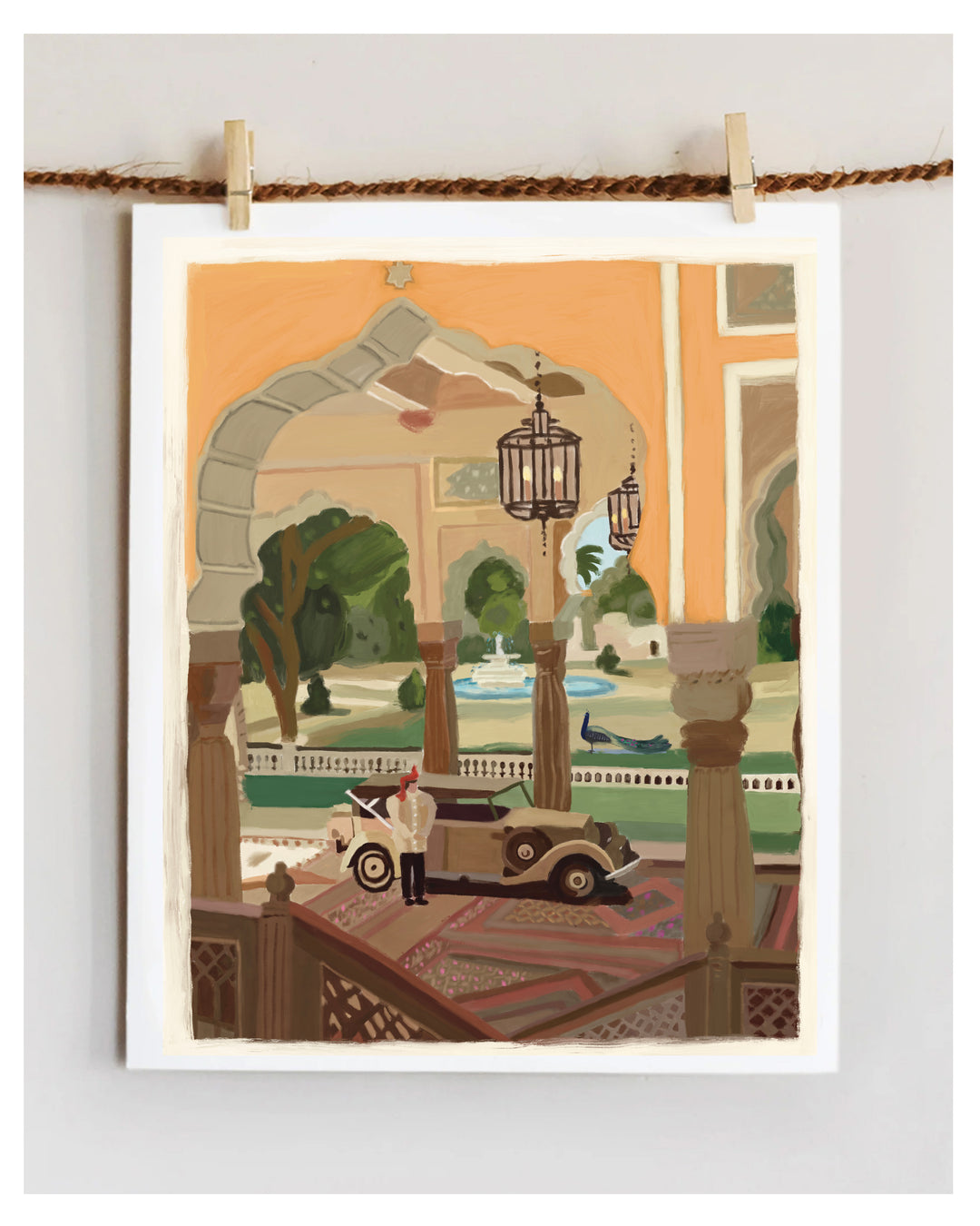 Illustration of a vintage car in a courtyard of Jaipur with arches and greenery.