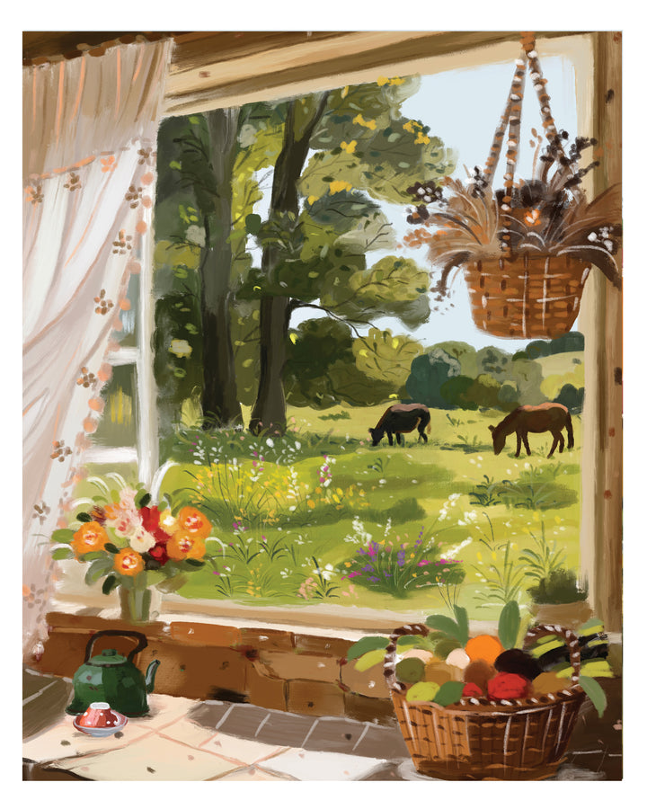 Illustration of a kitchen window with a view of a garden and animals, featuring a teapot, fruits, and flowers.