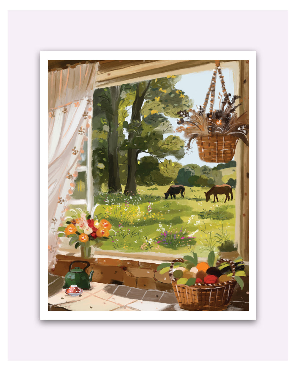 Illustration of a kitchen with a window view of a garden with animals and flowers.