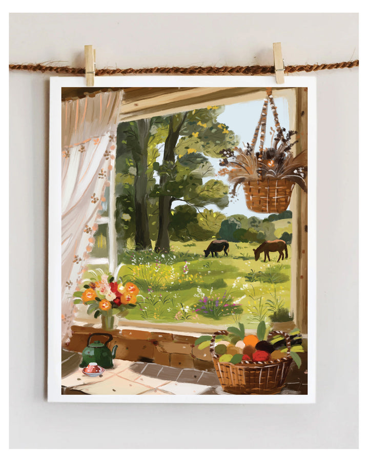 Artwork of a kitchen window view with garden and animals outside.