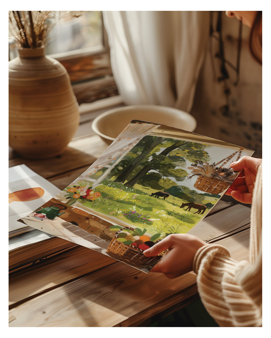 Person holding a Artprint of a kitchen window with a view of a garden and animals.