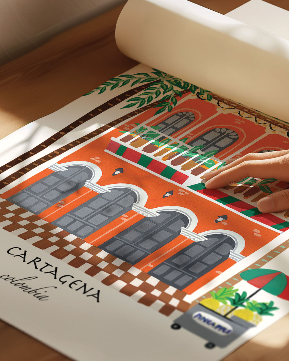 Archival Quality Print of a charming Cartagena building with vibrant orange facade, green balconies, and palm trees, capturing the lively spirit of Colombia.