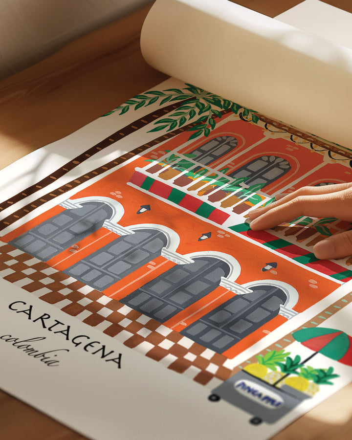 Archival Quality Print of a charming Cartagena building with vibrant orange facade, green balconies, and palm trees, capturing the lively spirit of Colombia.