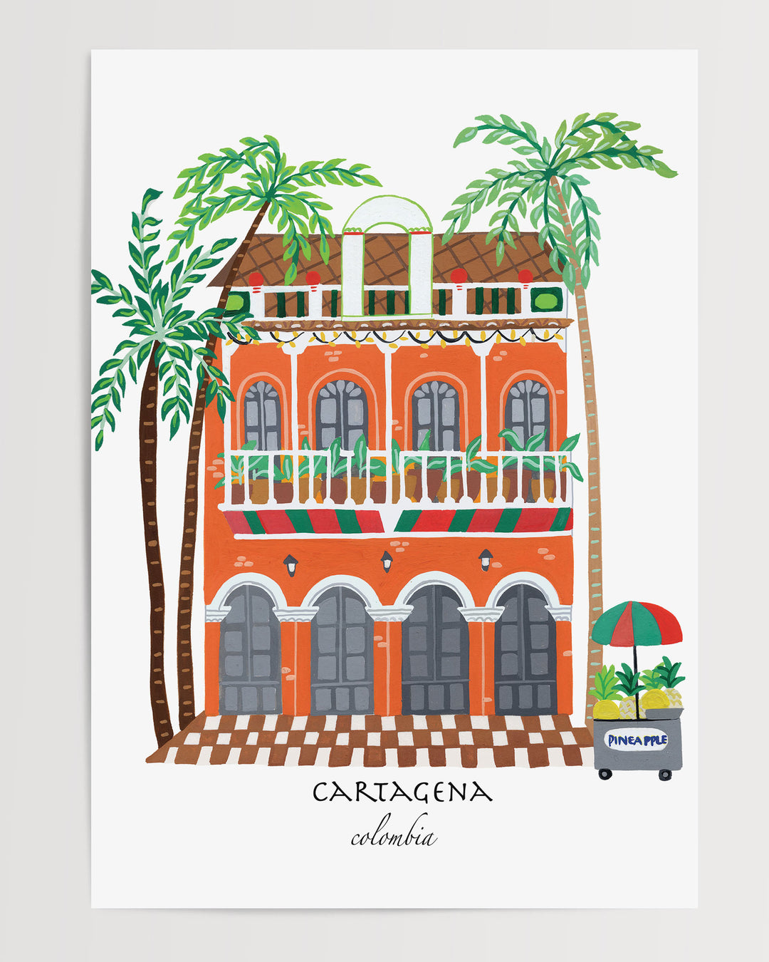 Illustration of a charming Cartagena building with vibrant orange facade, green balconies, and palm trees, capturing the lively spirit of Colombia.