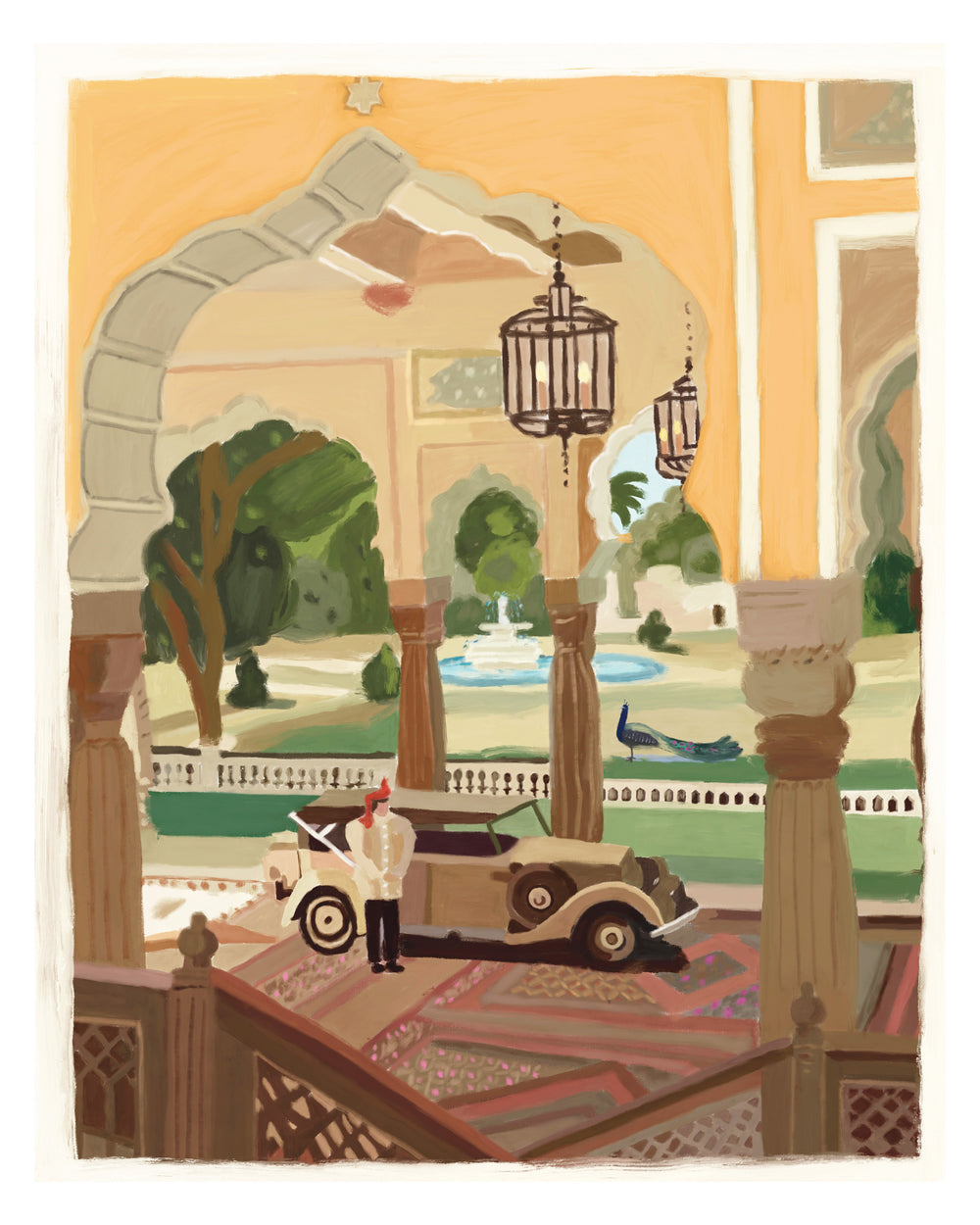 Decorative illustration of a man in a suit standing next to an old-fashioned car, with a scenic Jaipur courtyard.