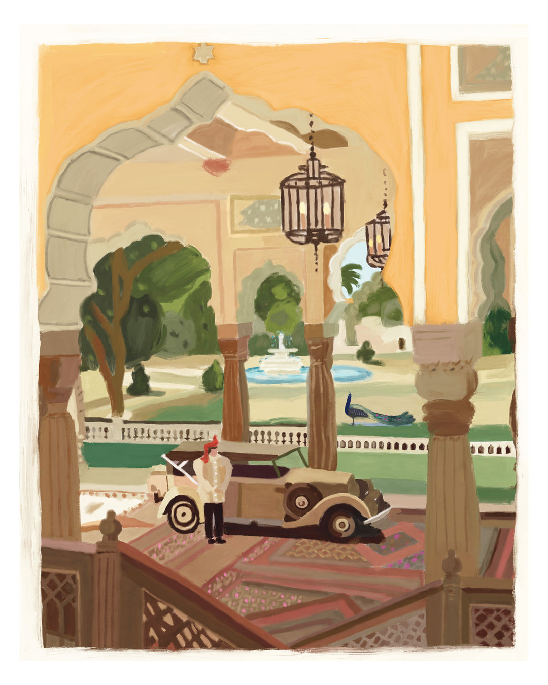 Decorative illustration of a man in a suit standing next to an old-fashioned car, with a scenic Jaipur courtyard.
