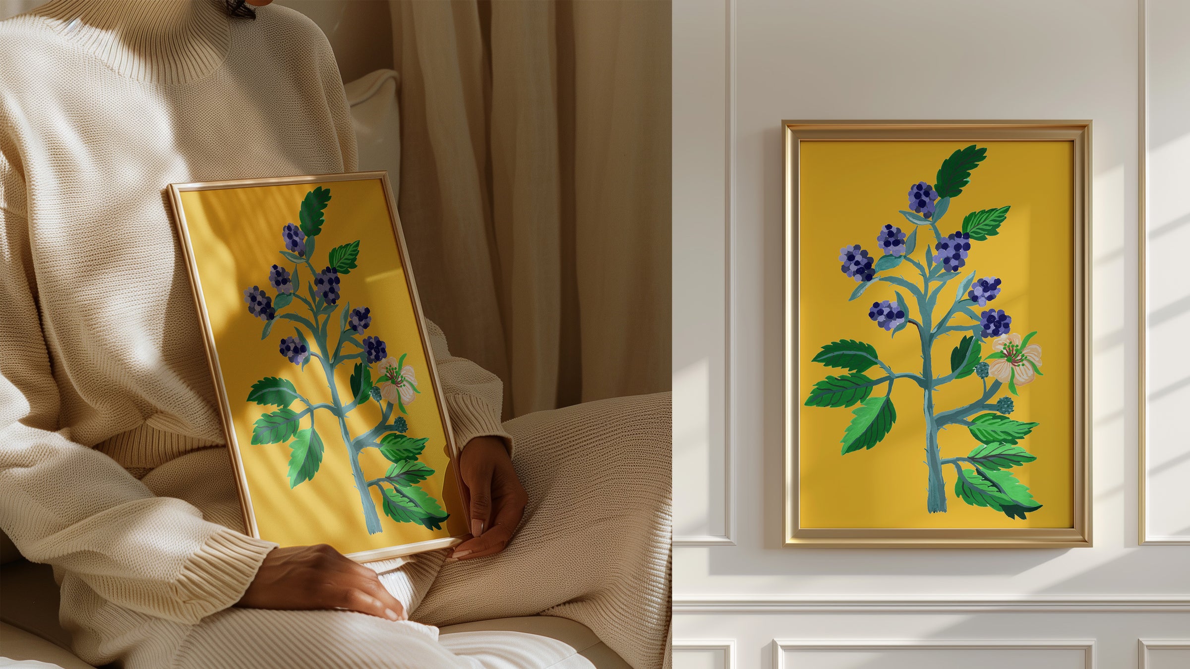 A framed botanical Art Print featuring vibrant blue berries on a yellow background. The left image shows the Print being held by a person in a cosy, cream-coloured outfit, while the right image showcases the Print hanging on a softly lit wall.