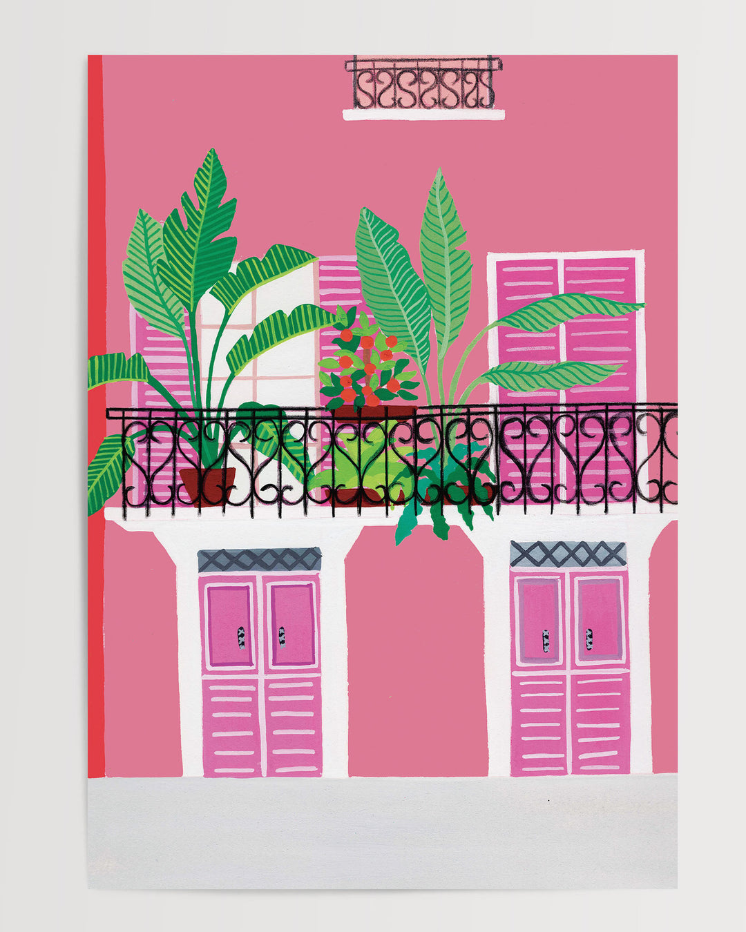 Art Print of a vibrant pink building with a black wrought-iron balcony adorned with potted tropical plants and bold pink shutters.