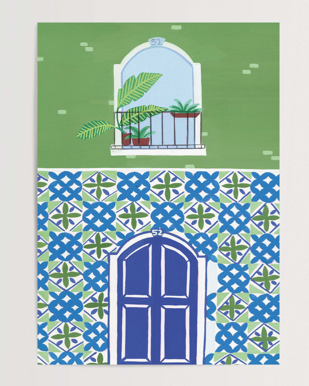 Art Print of a Mediterranean-style building with a vibrant blue door, patterned mosaic tiles, and a small balcony featuring tropical potted plants.