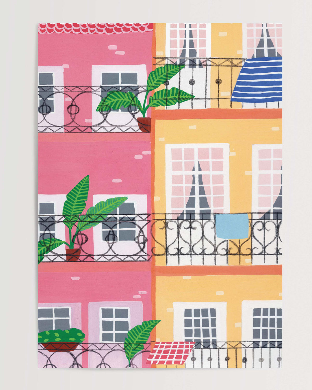 An Art Print titled "Door Urban Pastels", featuring a vibrant illustration of colourful pastel buildings with balconies adorned by potted plants and decor.