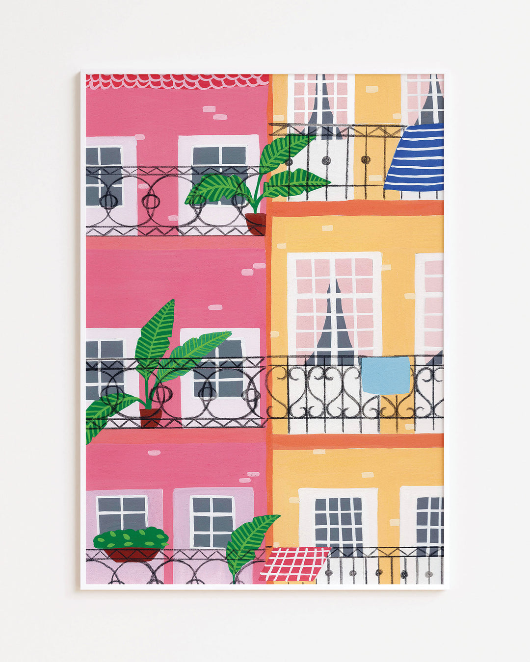 White Frame Art Print titled "Door Urban Pastels", featuring a vibrant illustration of colourful pastel buildings with balconies adorned by potted plants and decor.
