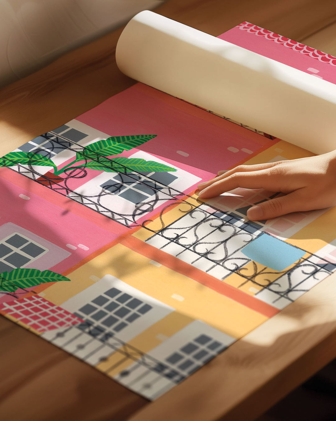 An Archival Art Print titled "Door Urban Pastels", featuring a vibrant illustration of colourful pastel buildings with balconies adorned by potted plants and decor.