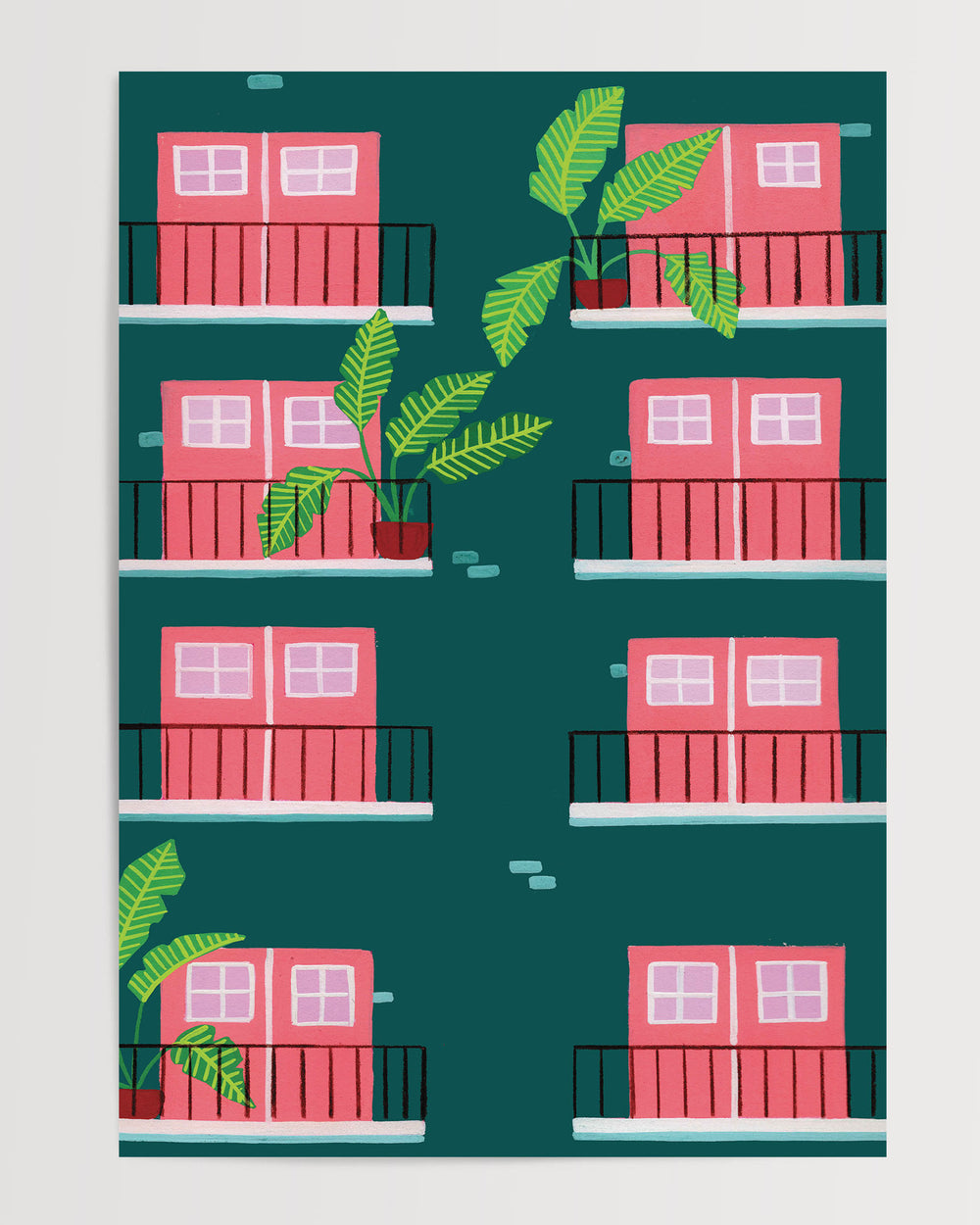 A stylised Art Print featuring a repeating pattern of pink double doors with windows on green building facades. Each door opens onto a small black railing balcony, and several balconies are adorned with potted tropical plants with large green leaves.