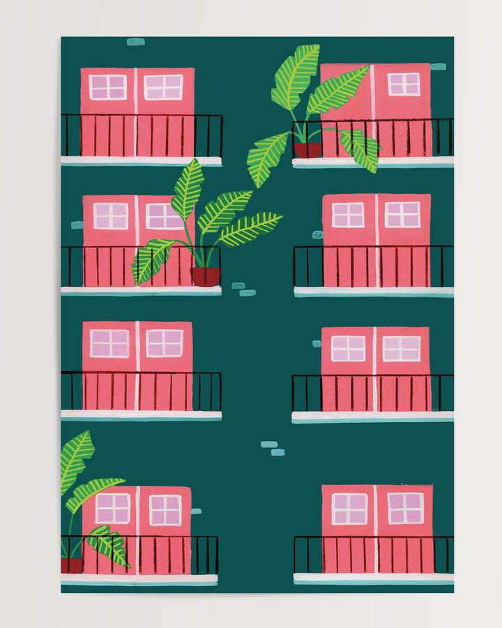 A stylised Art Print featuring a repeating pattern of pink double doors with windows on green building facades. Each door opens onto a small black railing balcony, and several balconies are adorned with potted tropical plants with large green leaves.