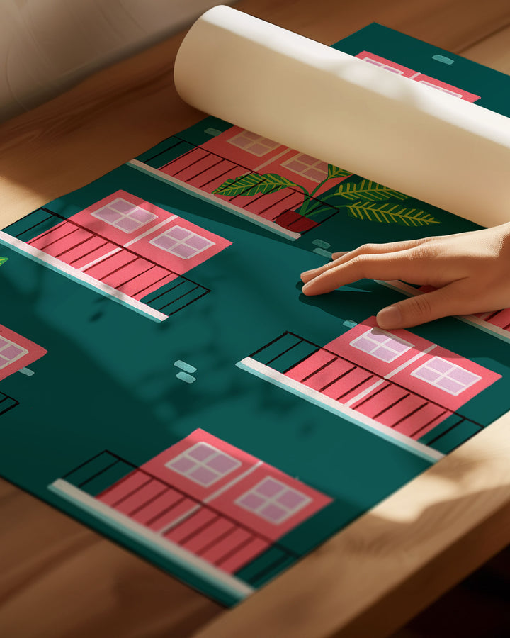 An Archival Art Print featuring a repeating pattern of pink double doors with windows on green building facades. Each door opens onto a small black railing balcony, and several balconies are adorned with potted tropical plants with large green leaves.
