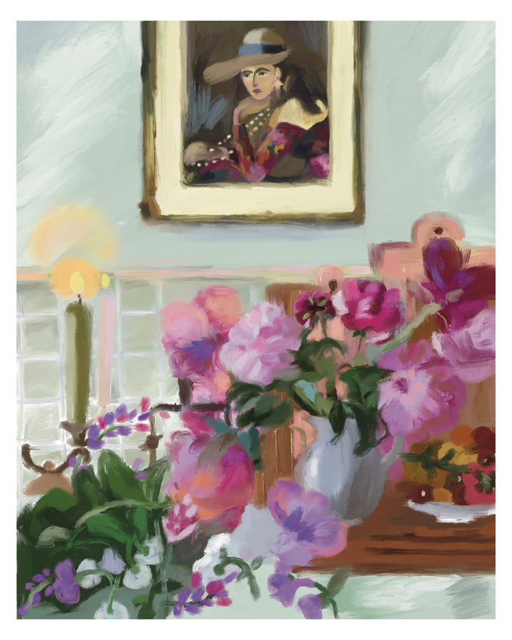 Still life with flowers and a portrait on a wall
